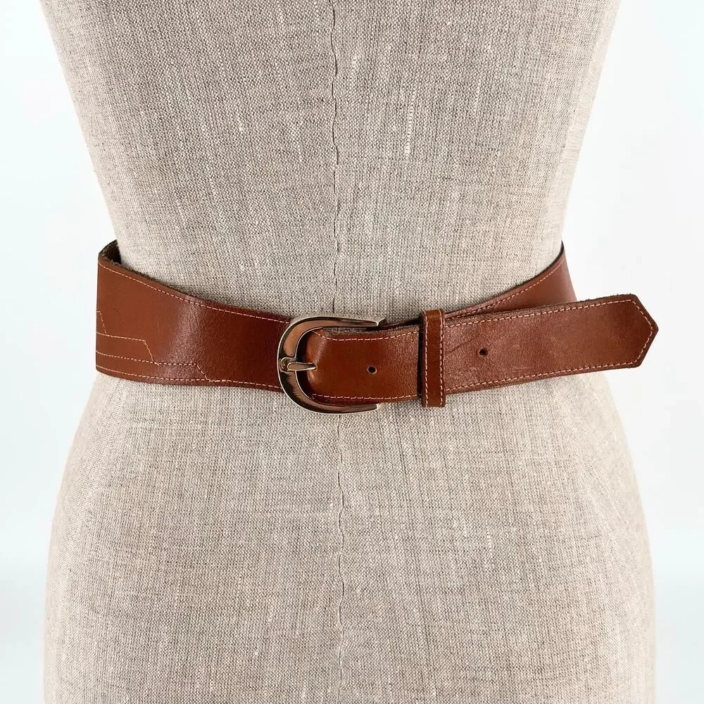 Wide Brown Leather Belt Back Buckle Boho Bohemian